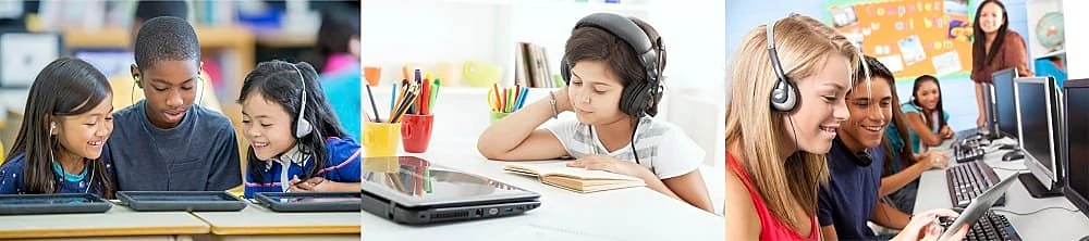 Students using classroom headphones with tablets, a laptop and desktop computers
