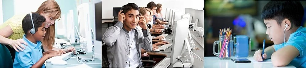 Students and teachers using headsets and headphones in the classroom